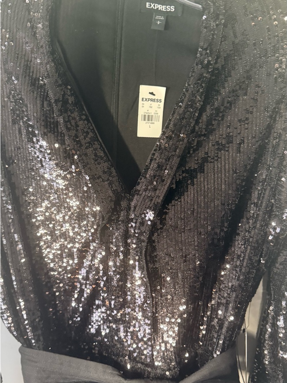 Express Elegant, Glamorous Black Evening Sequin Long-Sleeve Jumpsuit with Sash - Picture 3 of 6
